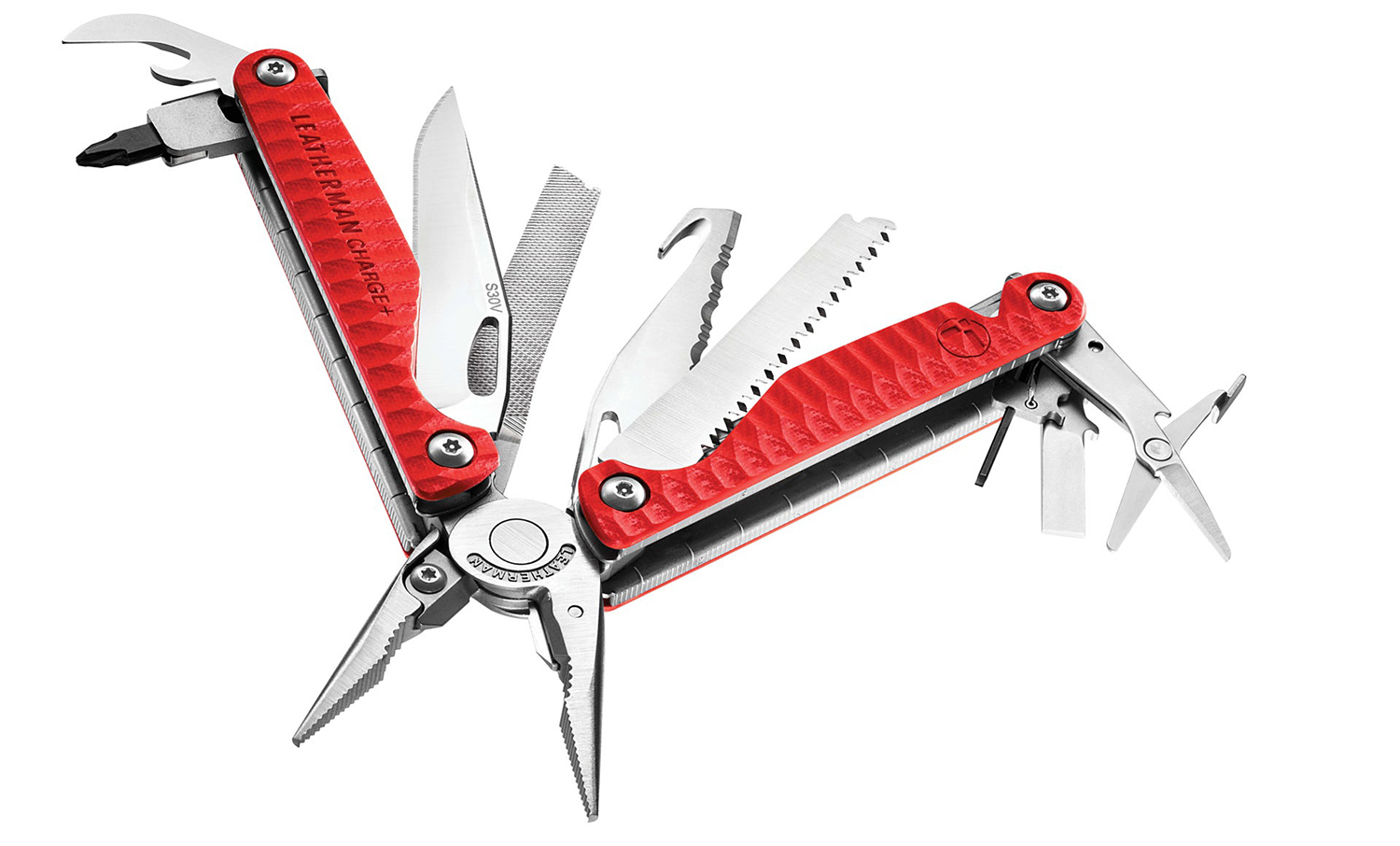 De Leatherman Charge Plus Red mulitool in opvallend signaalrood